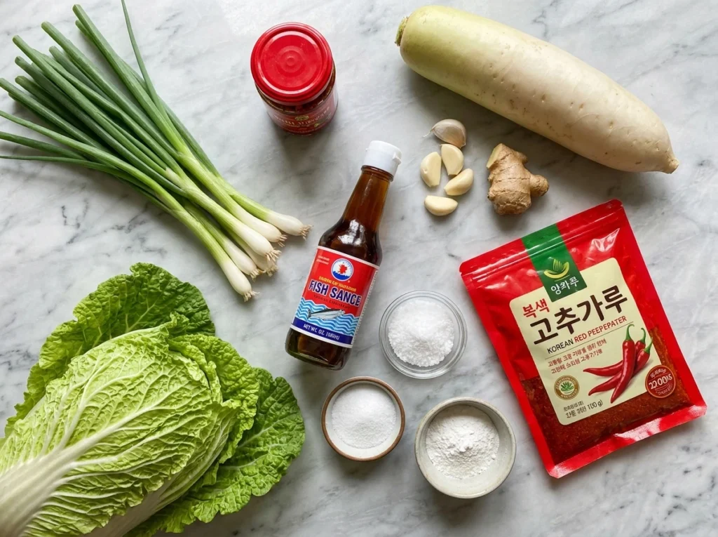 Overhead shots of the ingredients needed to make kimchi, on a white marble surface.