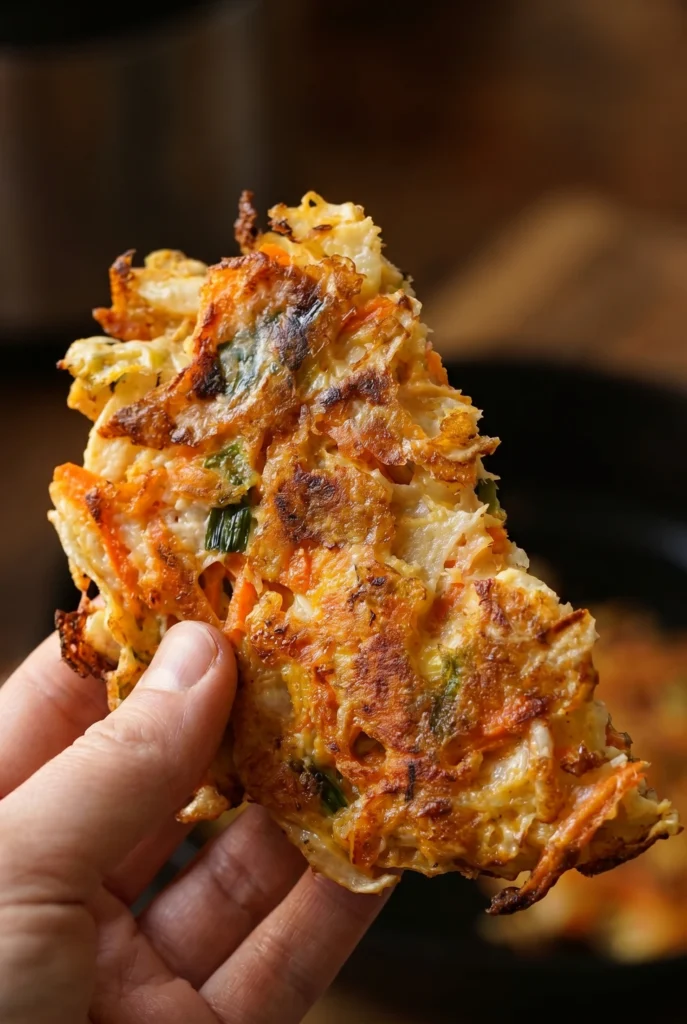 Close up shot of a cabbage pattie held in my hand showing its texture up close and inside.