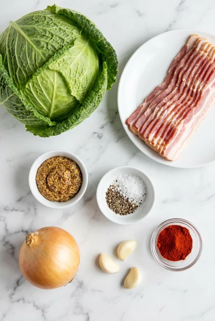 Ingredients for fried cabbage on a table