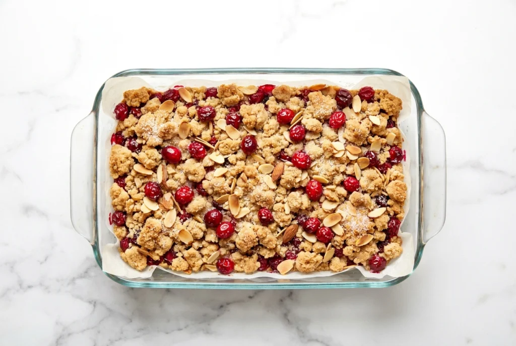 cranberry crumble pie bars before baking