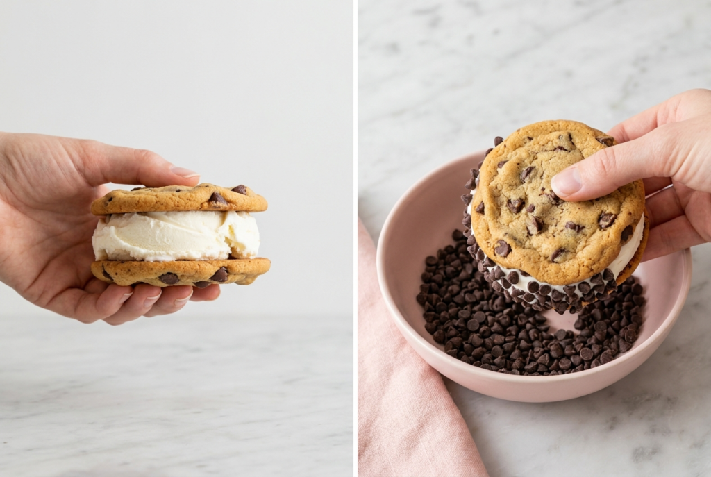 sandwiching vanilla ice cream between two cookies and rolling the sides in mini chocolate chips.