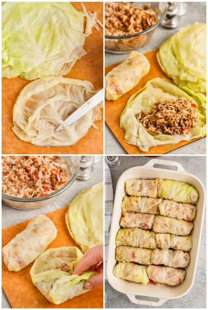 process of rolling Cabbage Rolls and putting in dish
