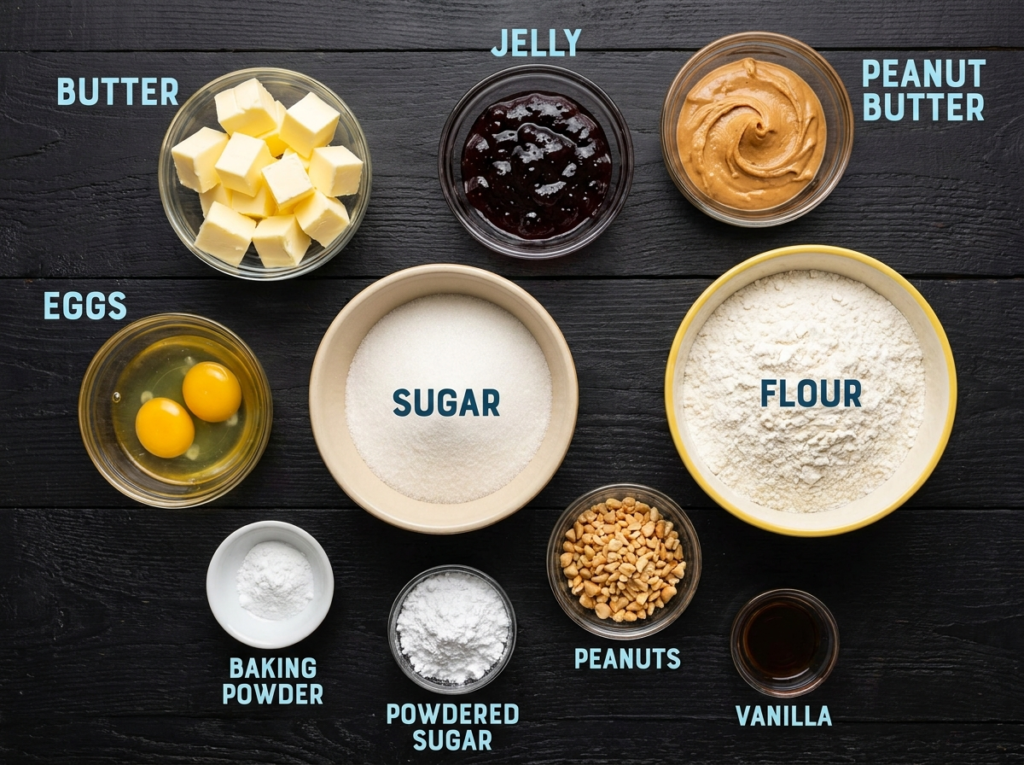 Ingredients to make bars including sugar flour butter peanuts jelly eggs vanilla and more