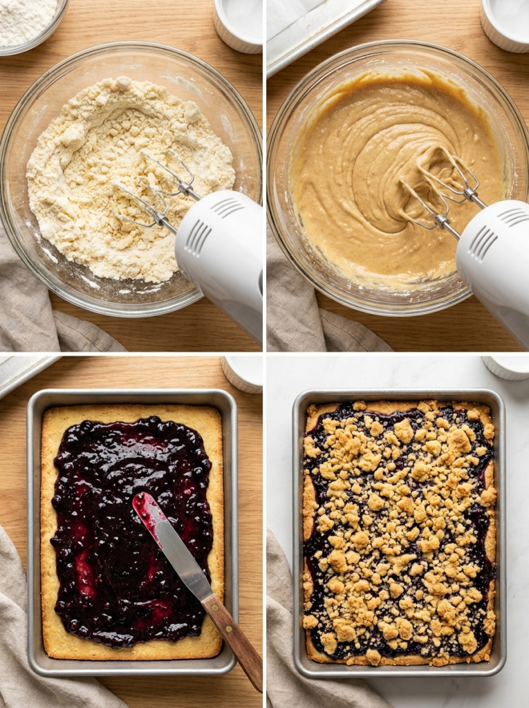 Collage of four images showing steps to prepare bars mixing ingredients and putting in the pan