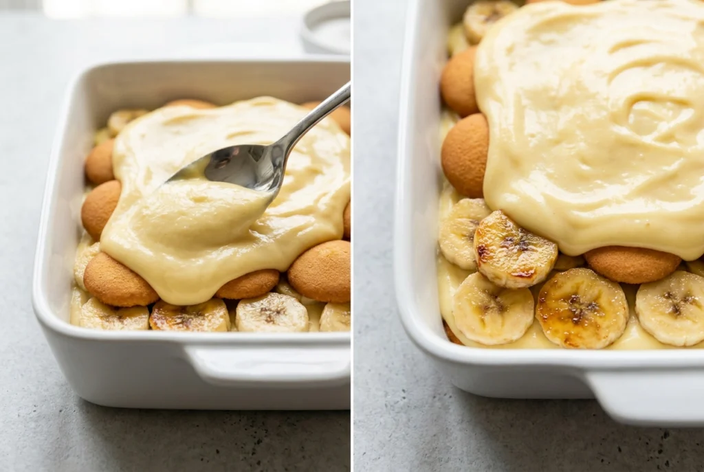 assembling caramelized bananas and pudding in a baking dish