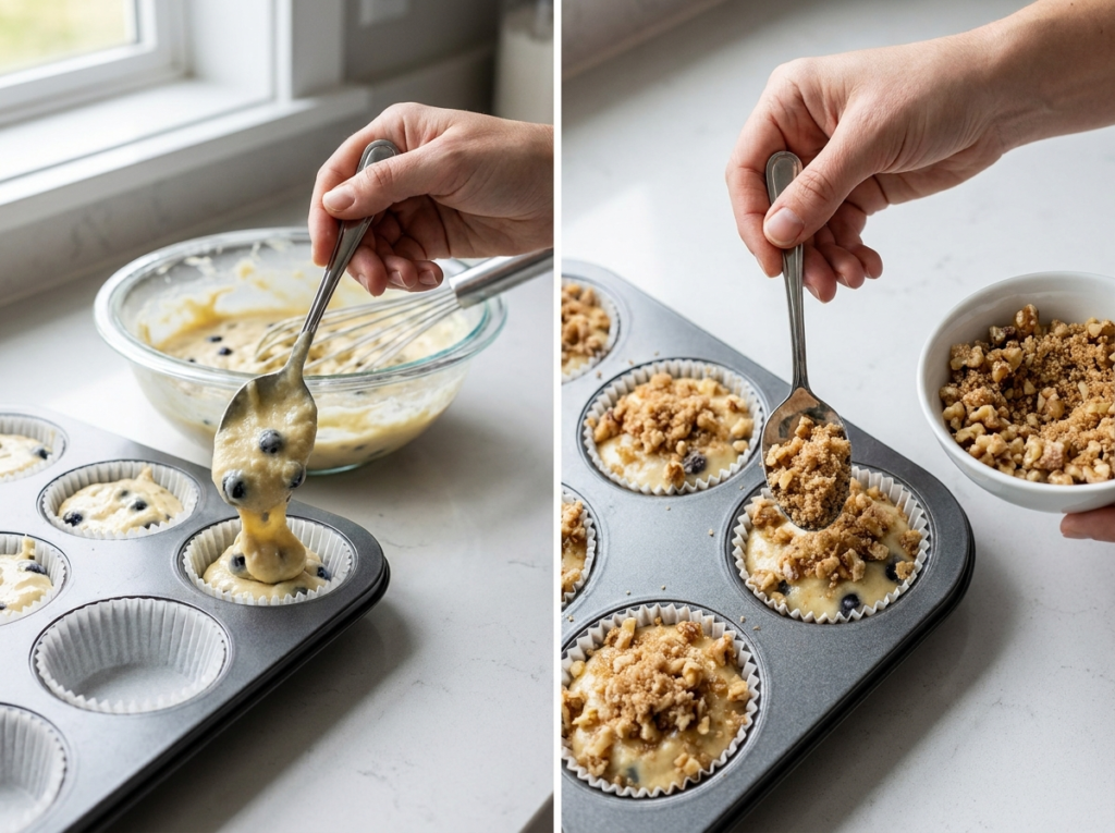 muffin batter being spooned into liners and topped with streusel.