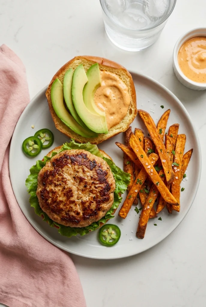 turkey burger on plate with sweet potato fries.