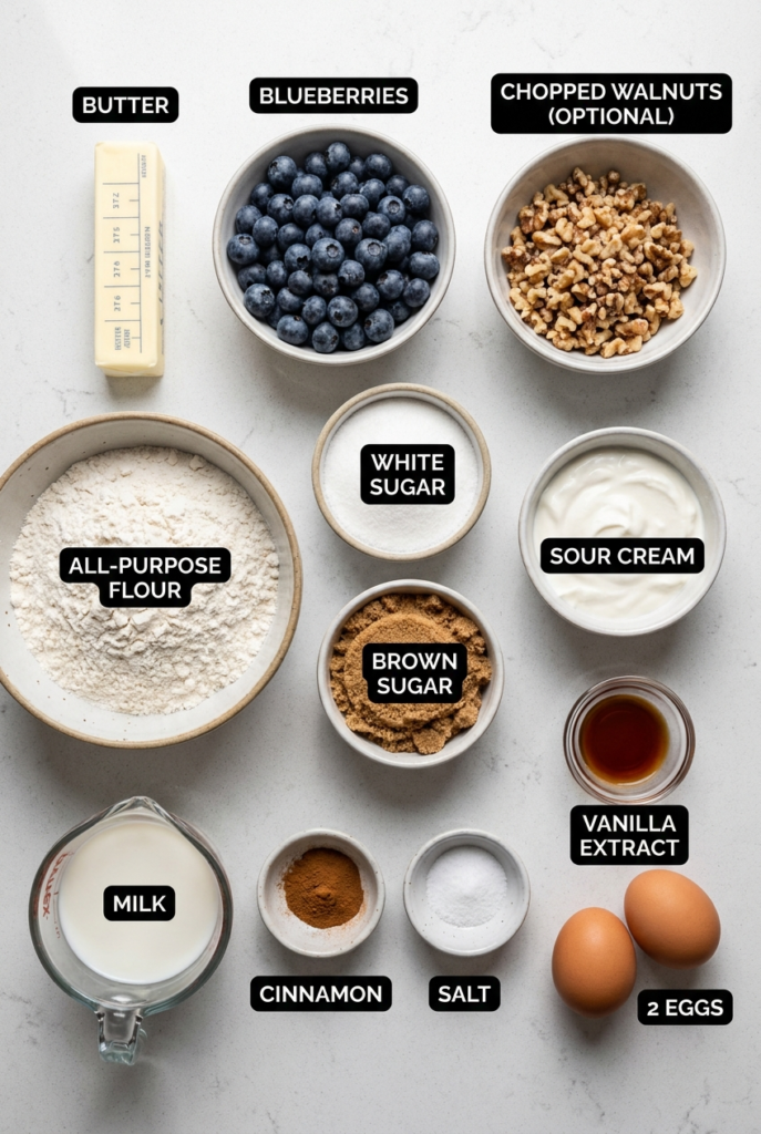 ingredients on marble surface including flour, sugar, eggs, vanilla, butter, cinnamon, and milk.