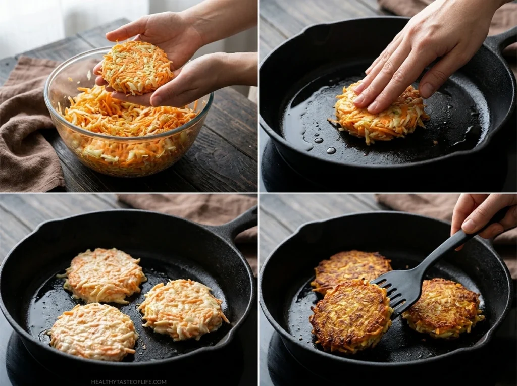 Process image collage showing steps for shaping the cabbage patties and frying in the skillet.