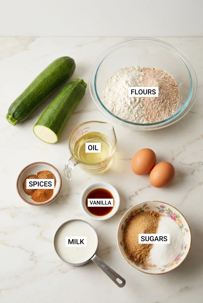 whole wheat flour and other ingredients including eggs, milk, oil, and zucchini