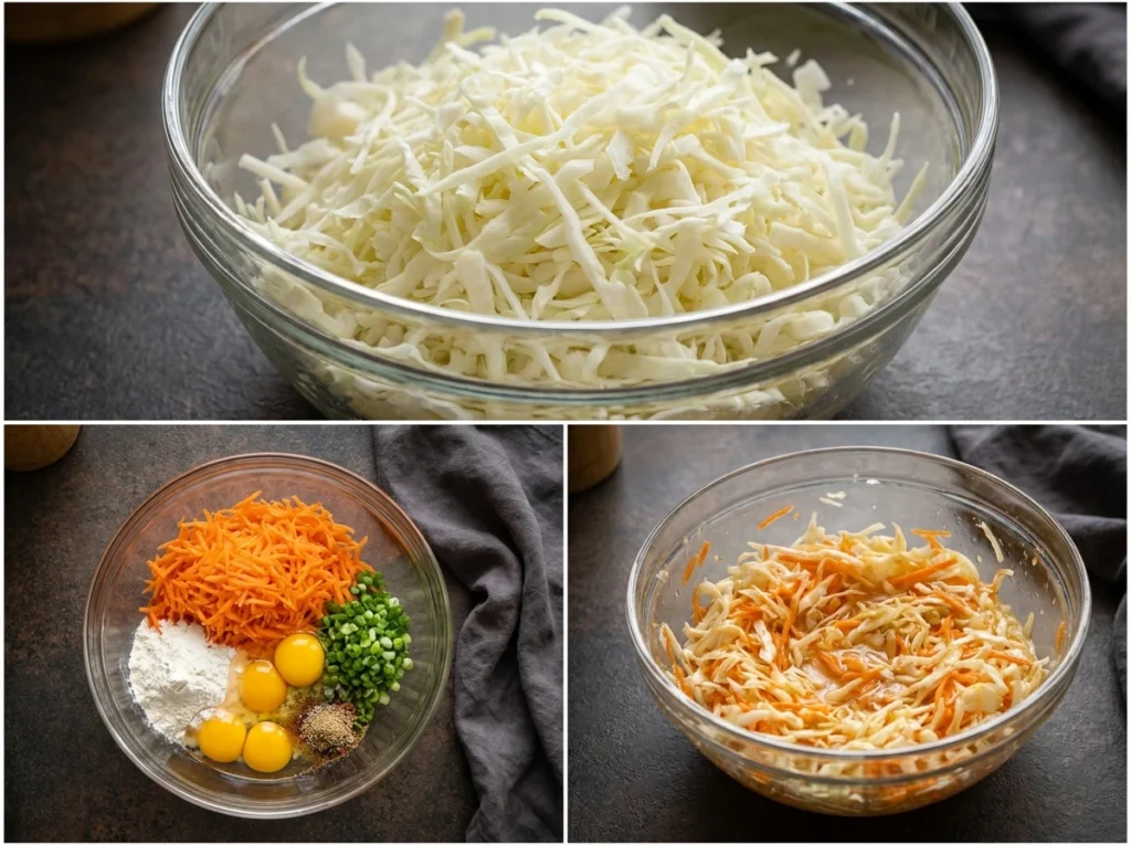 Step by step photos showing how to make cabbage fritters, shredded cabbage and the rest of ingredients added to the bowl and mixed