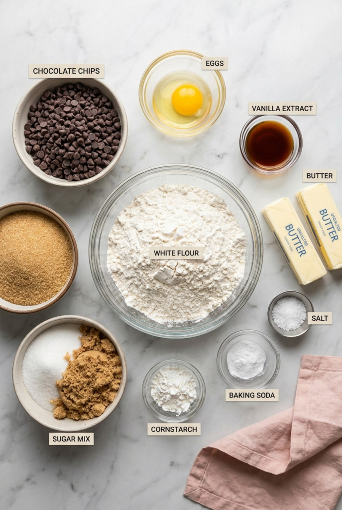ingredients displayed in bowls including flour, sugar, baking soda, cornstarch, vanilla, salt, plus butter and egg.