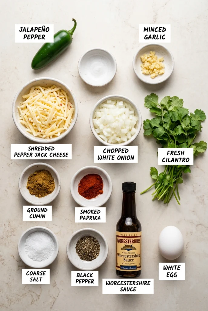 ingredients measured in bowls including cheese, chopped onion, cumin, pepper, and garlic.