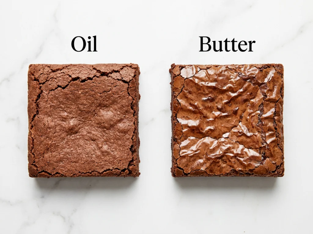 Side-by-side comparison of brownie tops made with oil versus butter, showing matte versus shiny crinkly crust