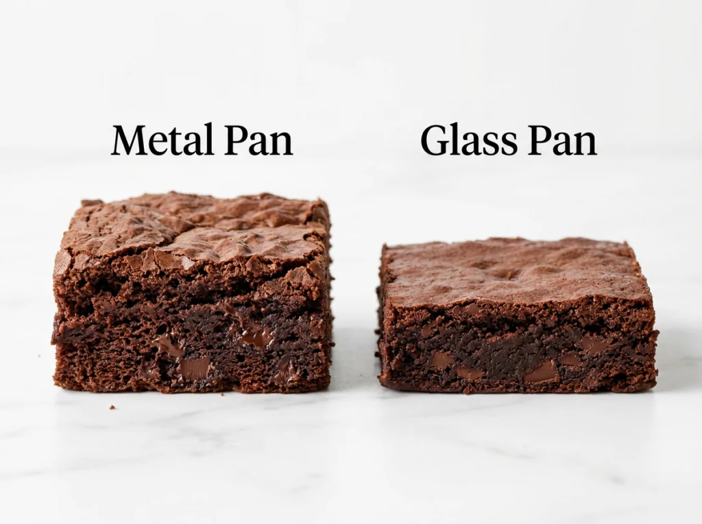 Side-by-side comparison of brownies baked in a metal pan versus a glass pan, showing height and texture differences