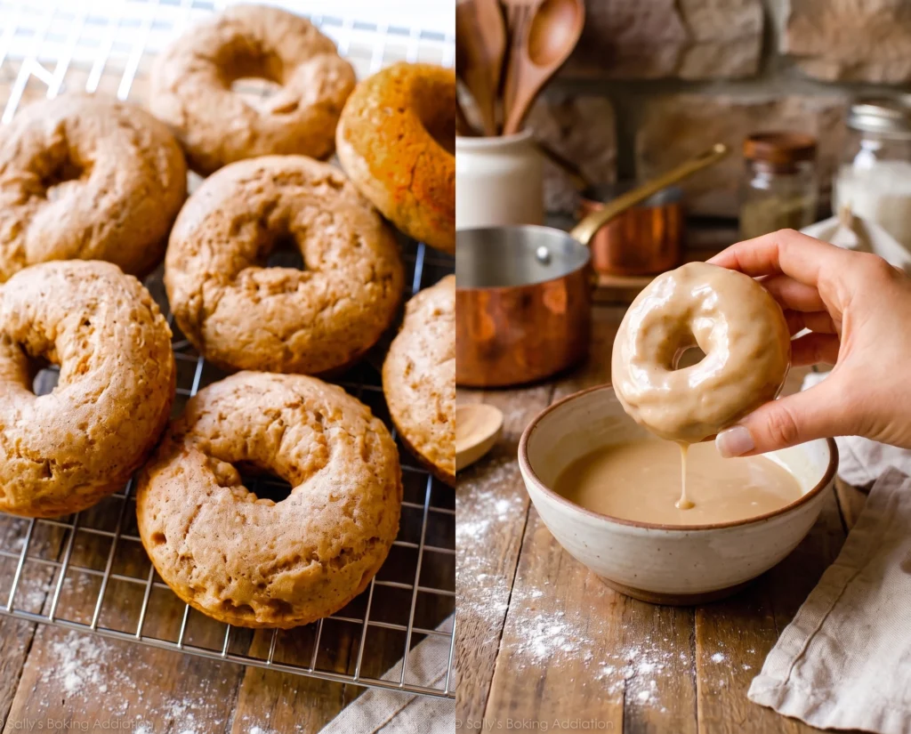 dipping baked donuts into maple icing
