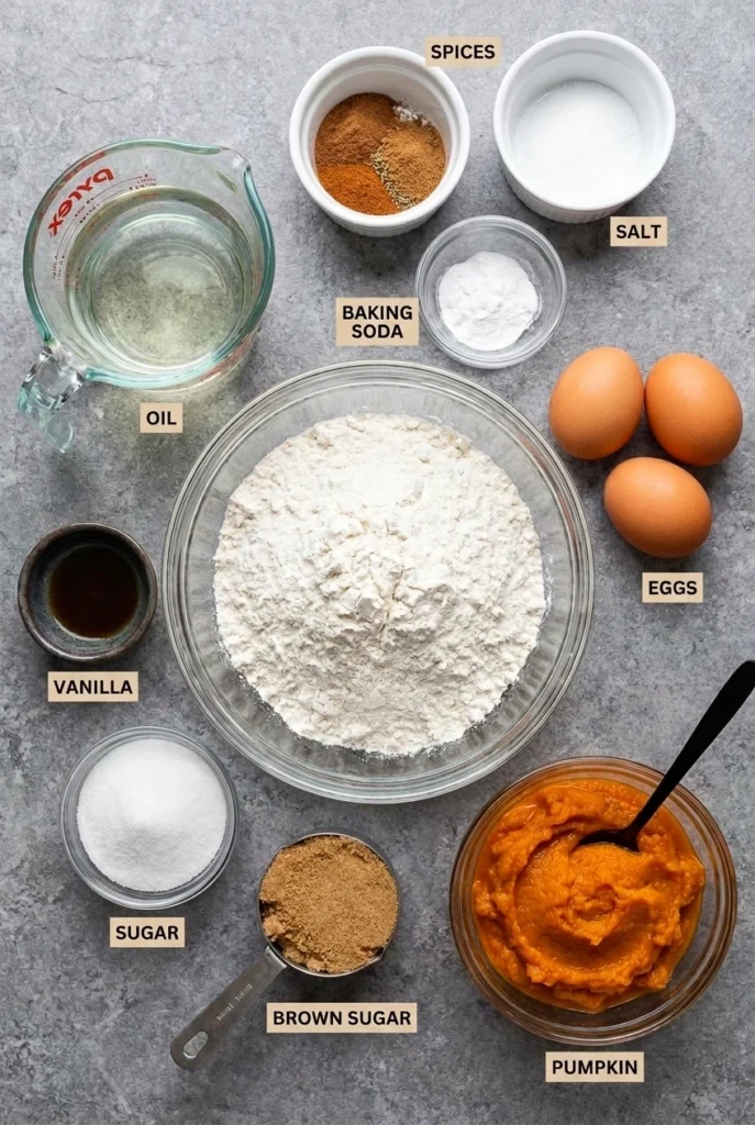 ingredients in bowls on gray backdrop including oil, spices, flour, eggs, sugar, brown sugar, salt, and baking soda.
