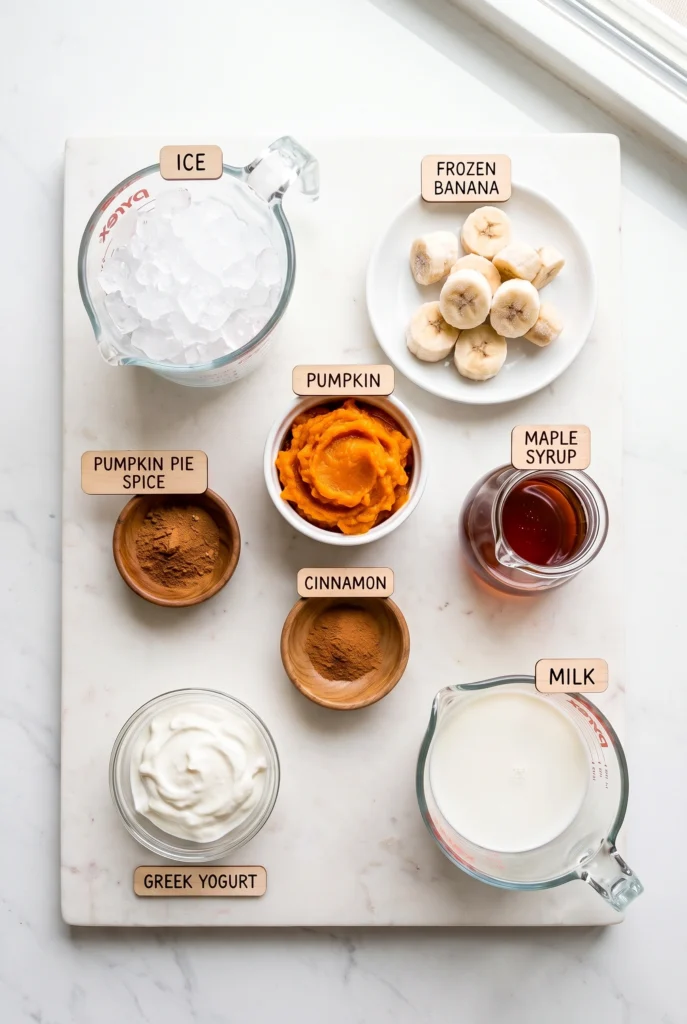 ingredients in bowls including milk, greek yogurt, and pumpkin.
