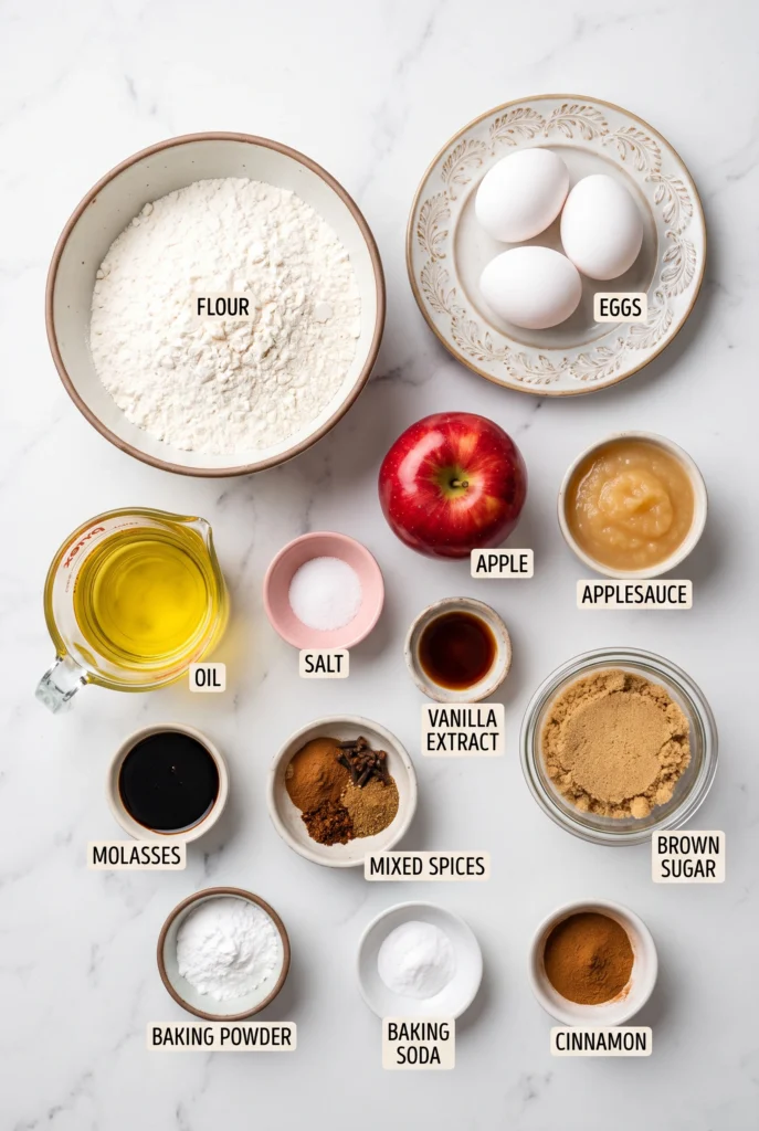 ingredients on surface including flour, applesauce, eggs, brown sugar, apple, oil, and cinnamon.