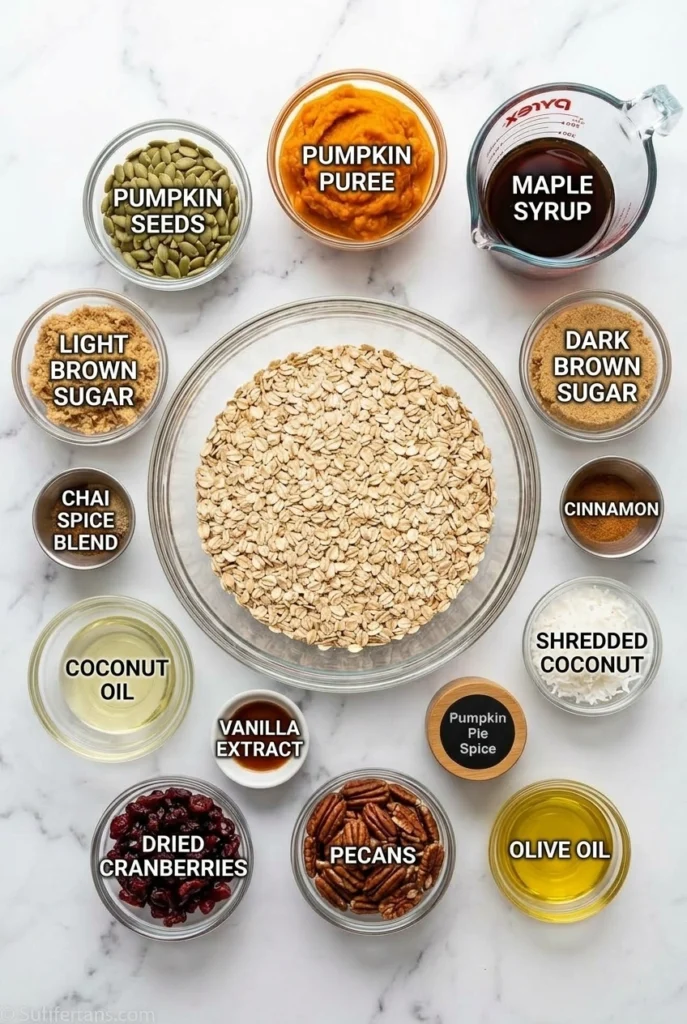 many measured ingredients on marble counter including maple syrup, pumpin, oats, pepitas, egg whites, pecans, coconut, and more.