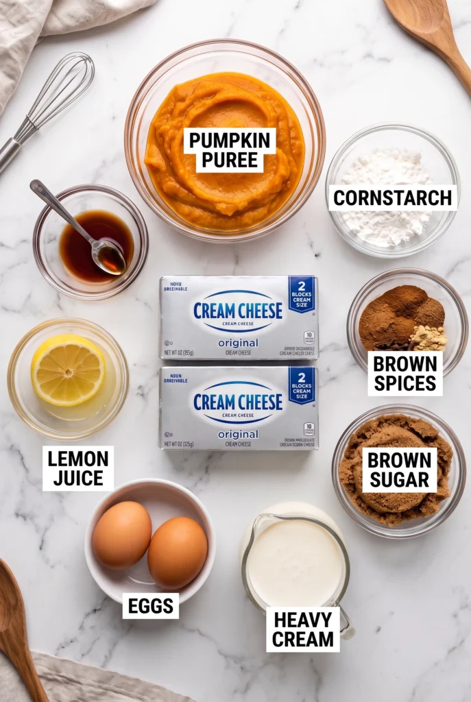 ingredients on counter including measured out pumpkin puree, cream cheese in packaging, brown sugar, 2 eggs, spices, and cornstarch.