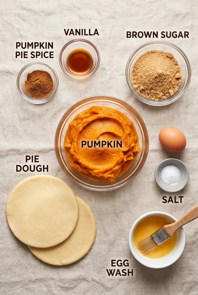 ingredients on beige surface including pie crust, brown sugar, flour, spices, and egg wash.