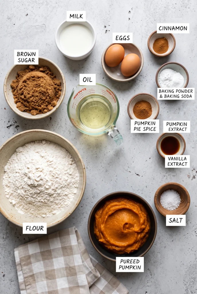 ingredients in bowls including flour, pumpkin, milk, cinnamon, vanilla, and oil.