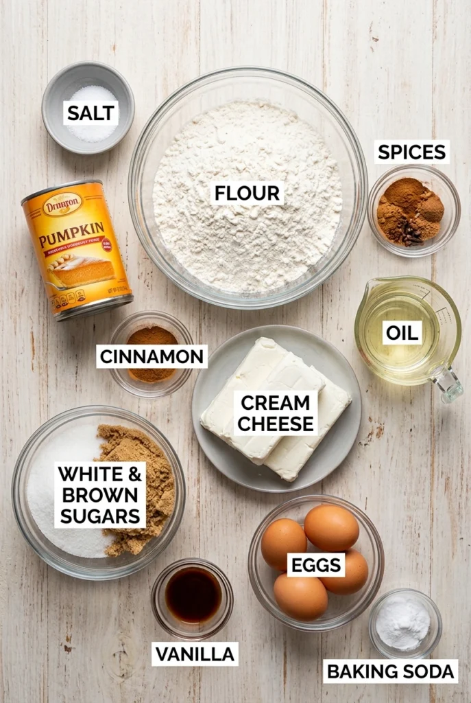 ingredients on white wooden surface including oil, pumpkin, flour, eggs, white sugar, brown sugar, and cinnamon.