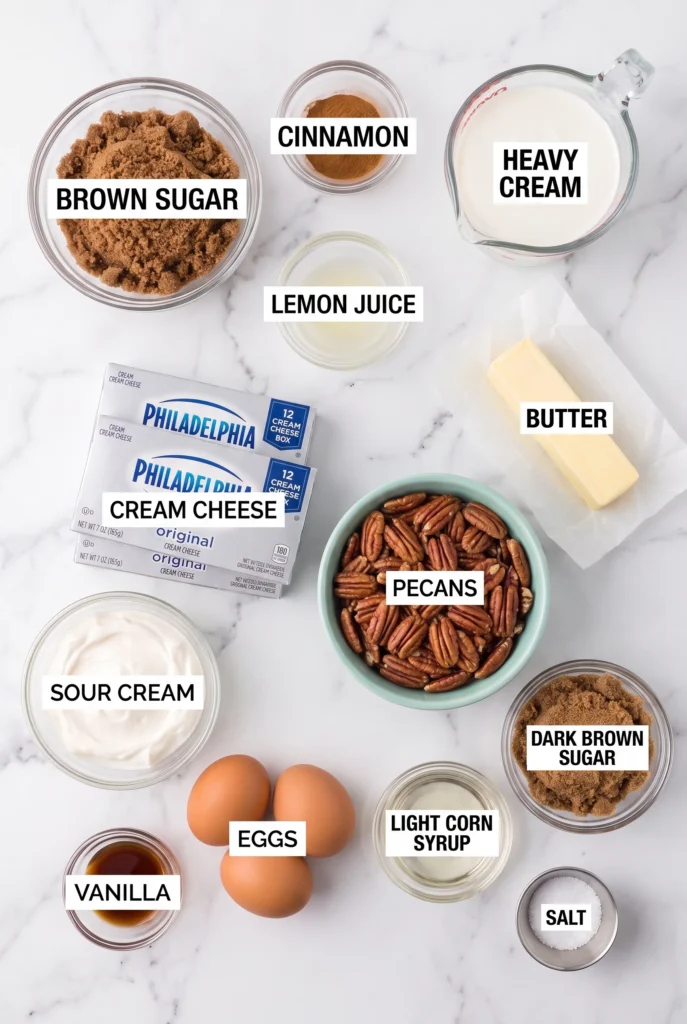 ingredients on marble countertop including pecans, heavy cream, butter, dark brown sugar, light corn syrup, and salt.