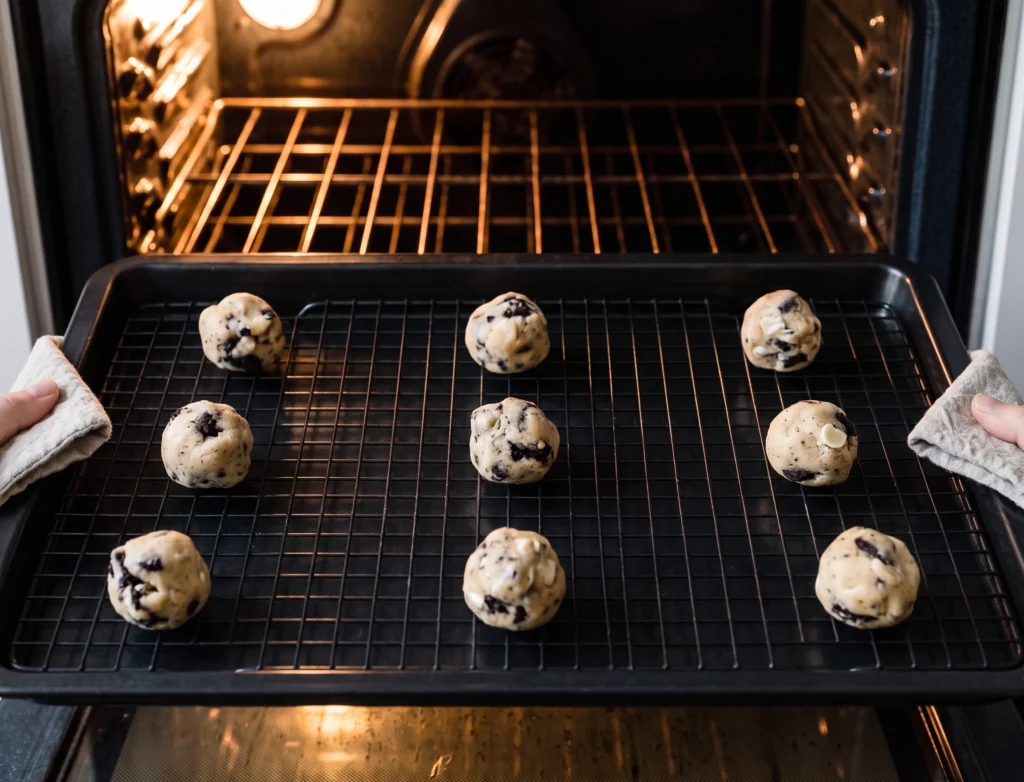 cookies and cream cookie dough balls on lined baking sheet
