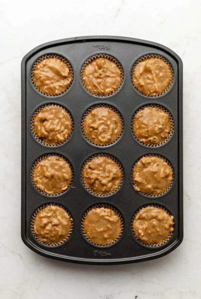 spooning apple muffin batter into muffin pan.