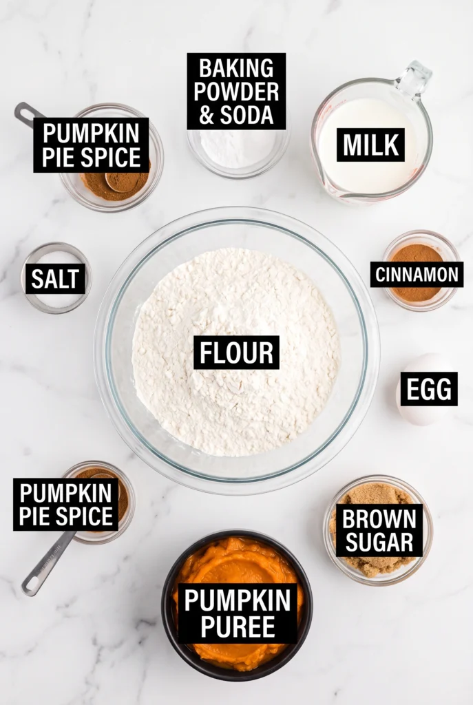 ingredients on marble counter including flour, milk, brown sugar, oil, egg, and cinnamon.