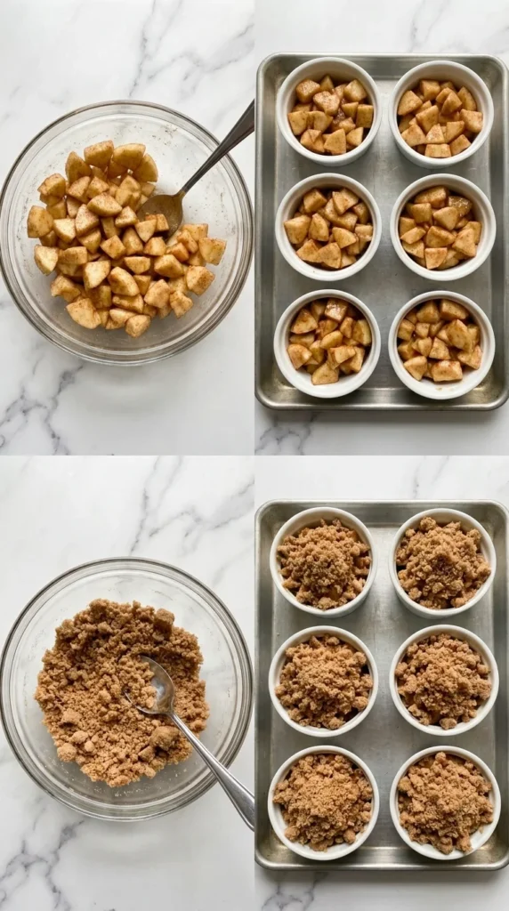 apple crumbles in ramekins before baking