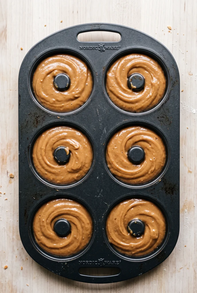 apple cider donut batter in a donut pan before baking