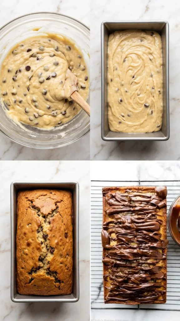 chocolate peanut butter topping in glass bowl and on a loaf cake