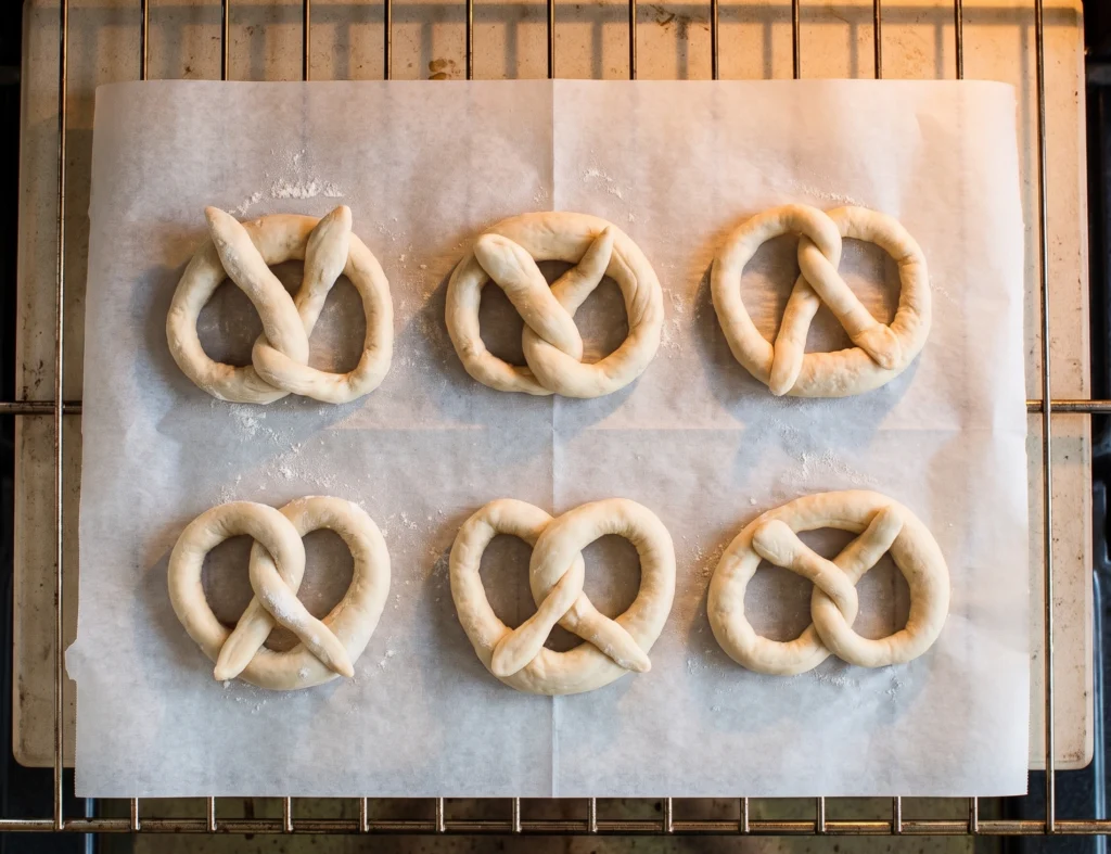 soft pretzel dough shaped into pretzels on a baking sheet before baking