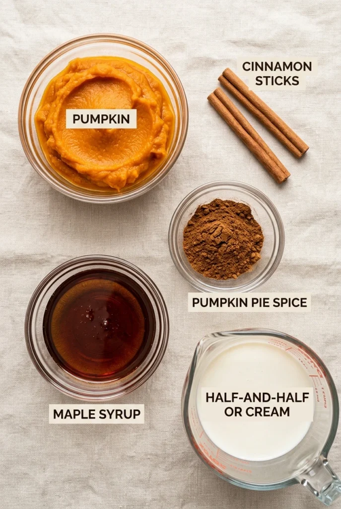 cinnamon sticks, maple syrup, spices, and cream on peach surface.
