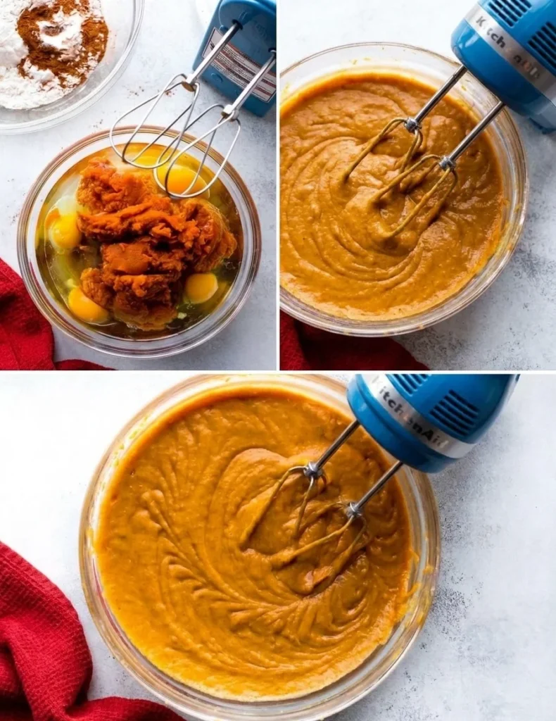 wet ingredients for pumpkin cake batter in a glass bowl with a pink hand mixer