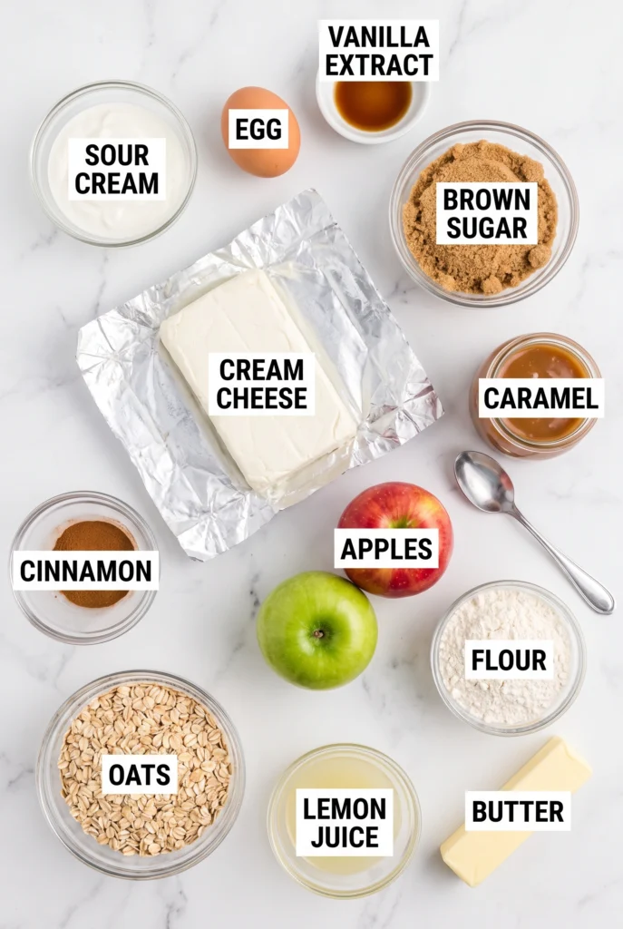 cream cheese, apples, lemon juice, brown sugar, oats, egg, and other ingredients laid out on marble counter.