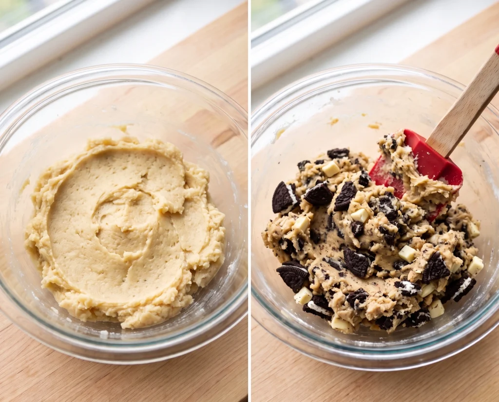 side by side photos showing creamed butter and cream cheese and cookie dough