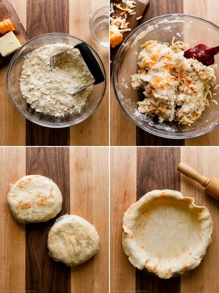 cheddar pie crust dough in glass bowl