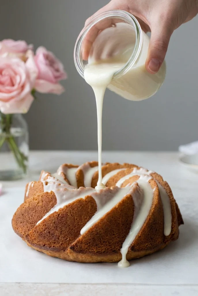 pouring glaze on coffee cake