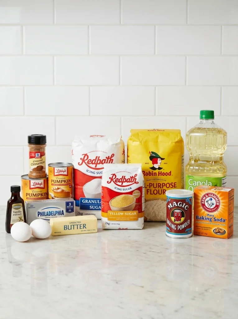 A variety of baking ingredients, including flour, sugars, oil, eggs, baking soda, baking powder, pumpkin puree, vanilla, cinnamon, salt, and other essentials needed for a delicious Pumpkin Cream Cheese Muffins Recipe are displayed on a kitchen counter.
