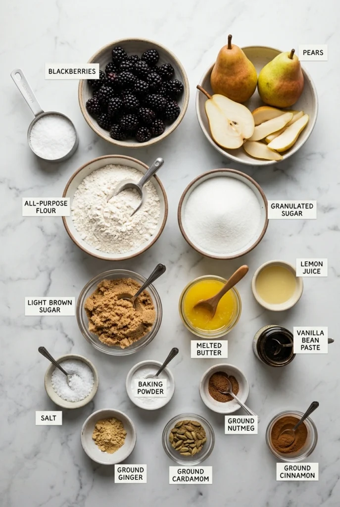 ingredients in bowls including blackberries, sugar, lemon juice, brown sugar, and flour.