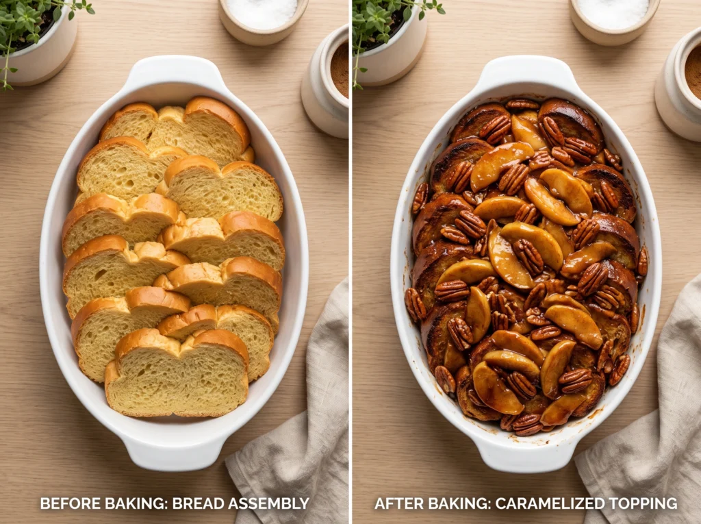 challah bread with egg custard mixture in white casserole dish and shown again with apple topping.