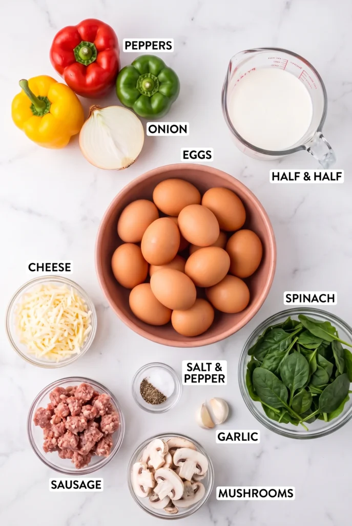 eggs, half-and-half, spinach, garlic, sausage, cheese, peppers, and other ingredients.