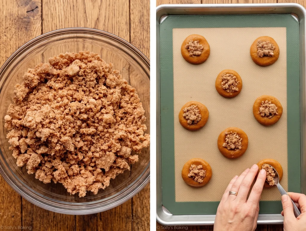 crumb mixture in bowl and shown again spooned on cookies.
