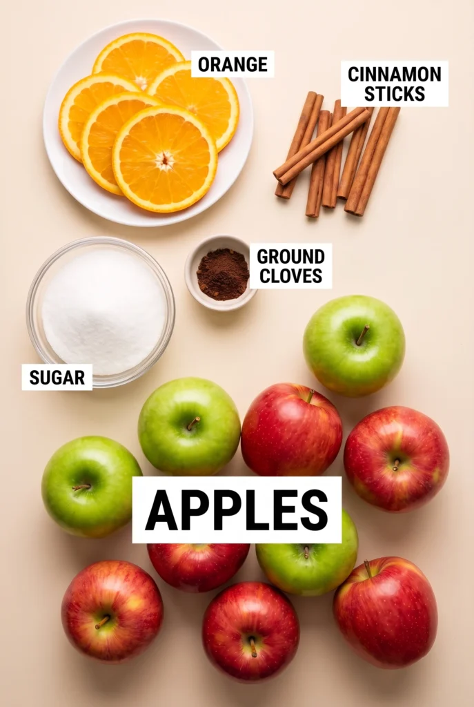 apples, sugar, orange slices, cinnamon sticks, and ground cloves.