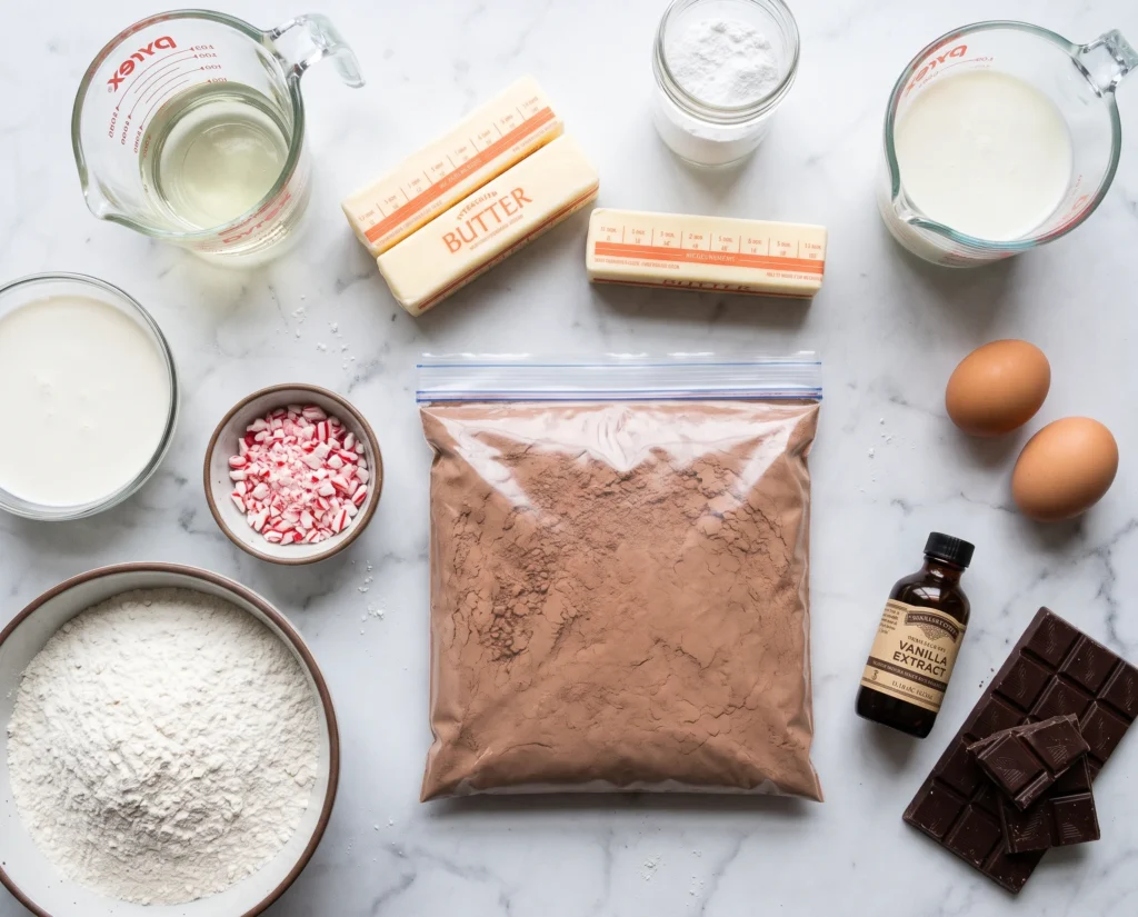 Peppermint brownie ingredients on the counter.