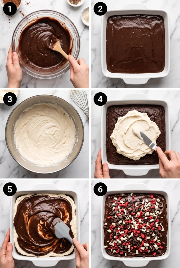 Showing how to make peppermint brownies in a 6 step collage.